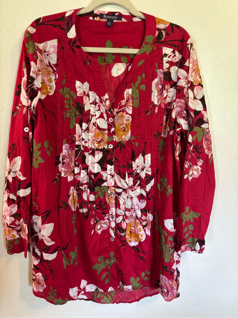 Roaman's Red Floral Button-Front Tunic